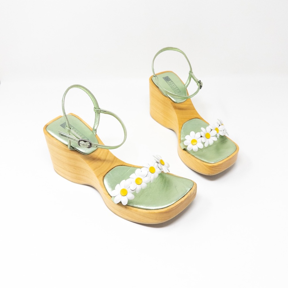 Le Silla Vintage Y2K Daisy Floral Platform Wedge Sandals EU 38 Wooden Heel Green